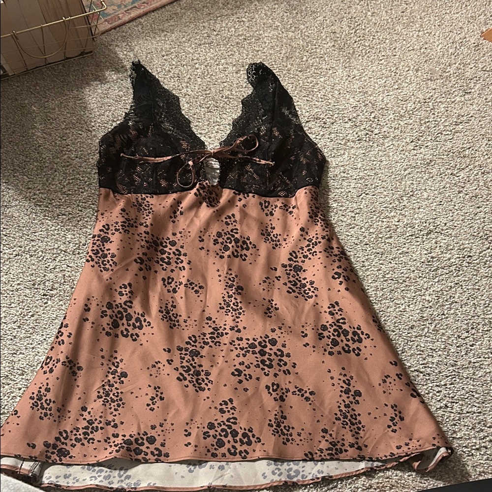 Free People Black Lace & Brown Leopard-Print Slip Dress